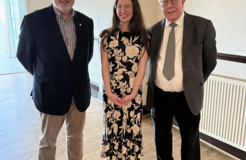 Kitty Thompson pictured at the Supper Club event with Skegness Branch president Mr Will Mitchell, left, and branch chairman Cllr Dick Edginton, right